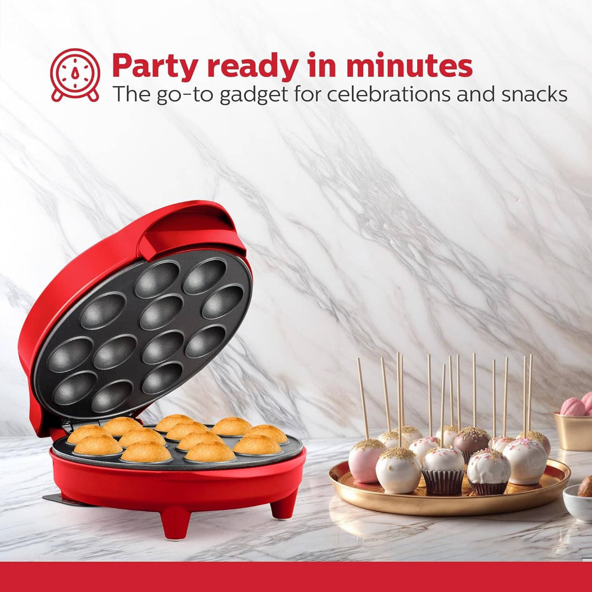 Red cake pop maker with open non-stick plate and golden cake pops in 12 cavities