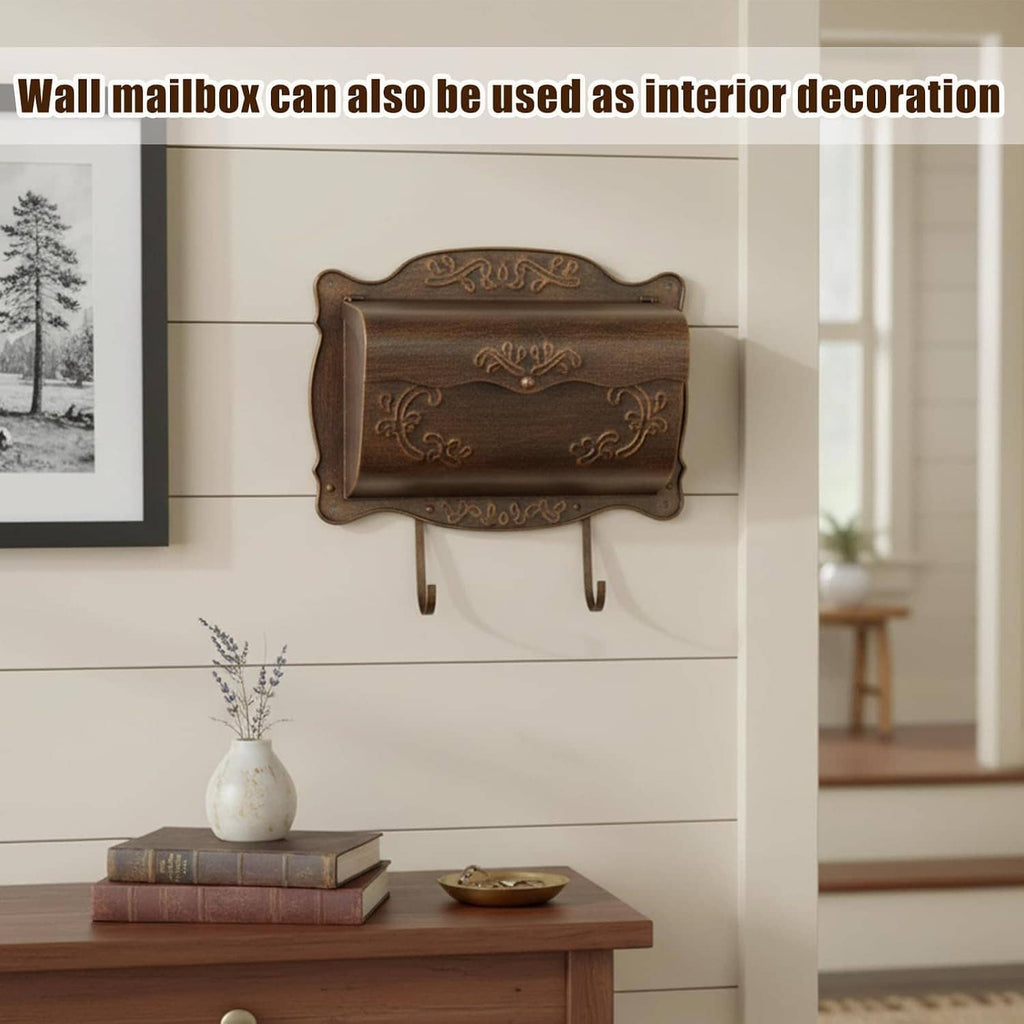 Dark bronze wall mailbox with embossed floral pattern and two hanging hooks