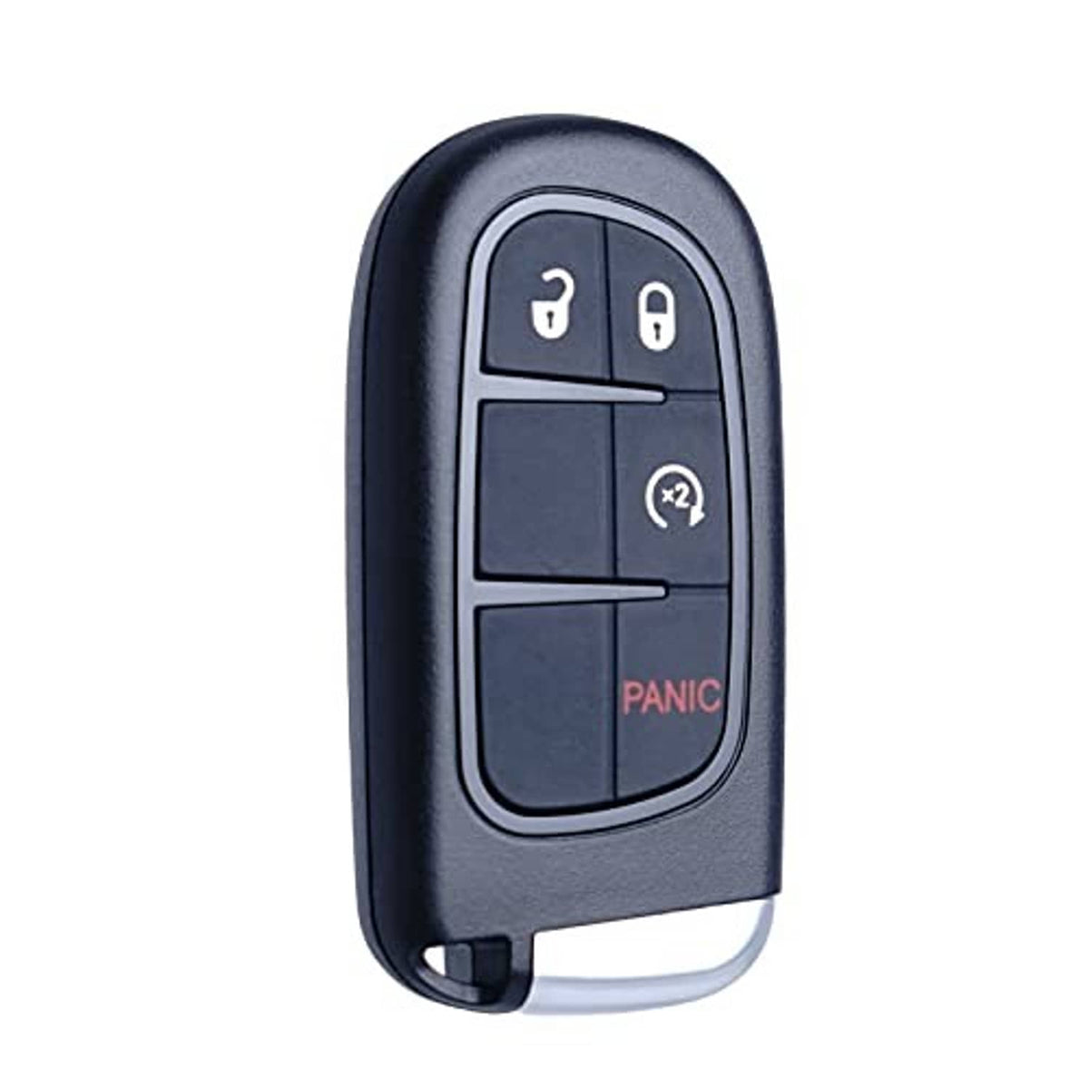 Black 4-button key fob remote with lock/unlock, trunk, x2 and red PANIC button.