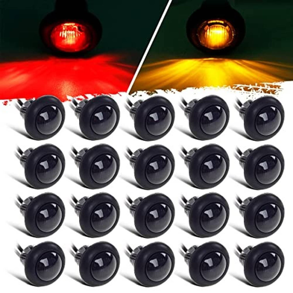 Set of 20 round LED marker lights, black housings showing amber right and red left
