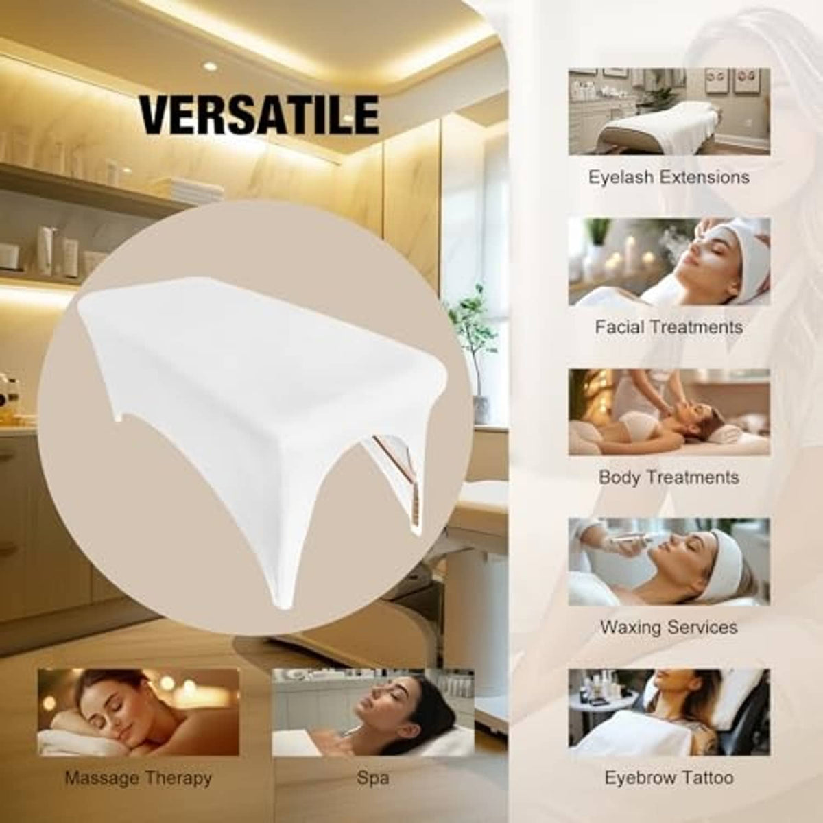 White fitted spa bed cover showing versatile bed coverage shape
