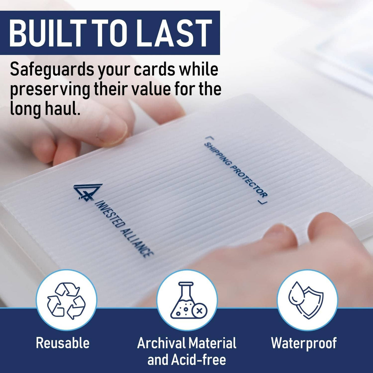Semi-transparent trading card shipping protector with blue rubber band in hand