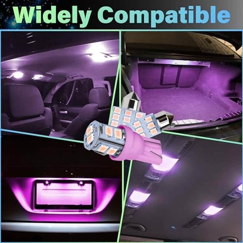Pink T10 LED dome light bulb installed in a car dome area with purple glow