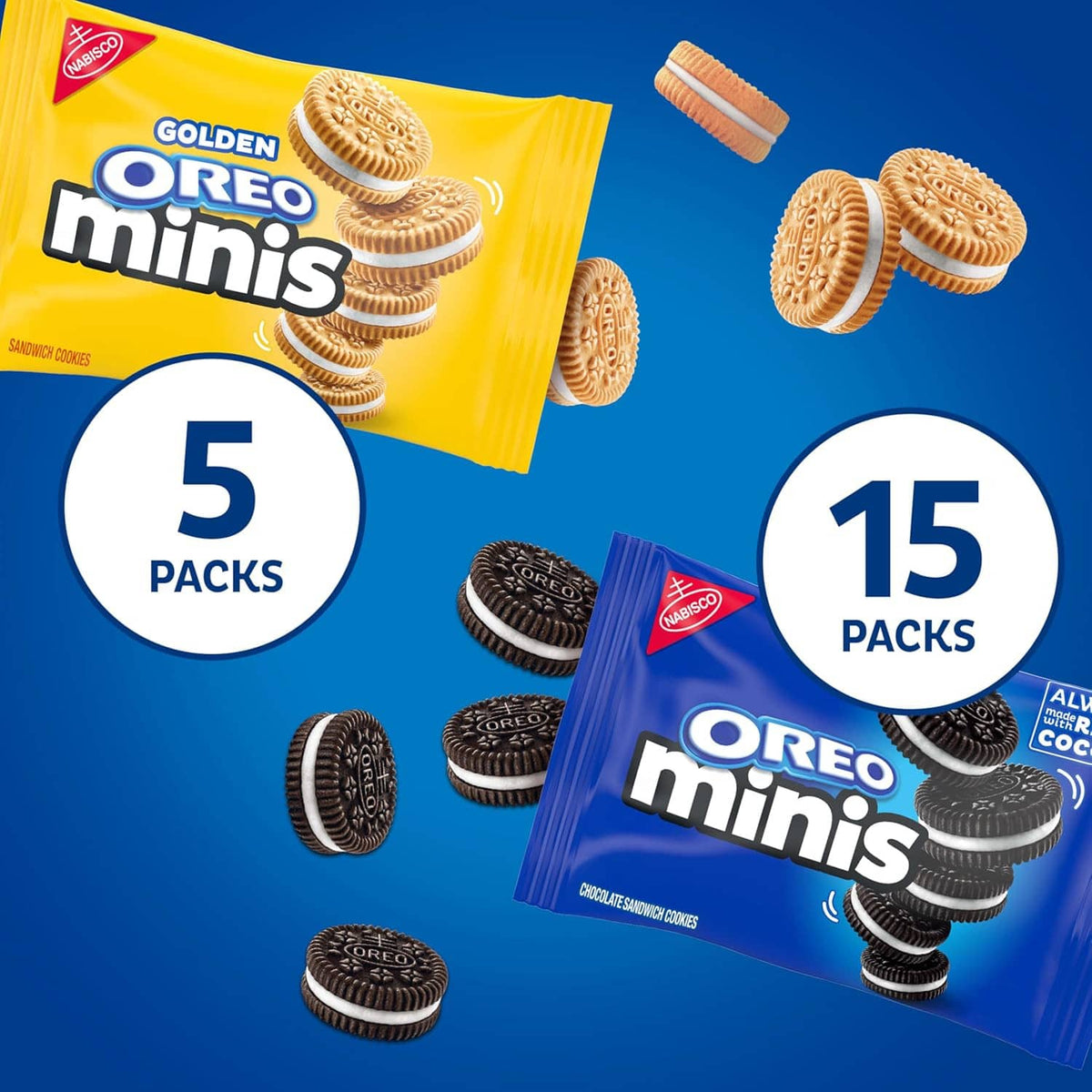 Assorted Oreo minis snack packs: 5 Golden Oreo minis and 15 Oreo minis