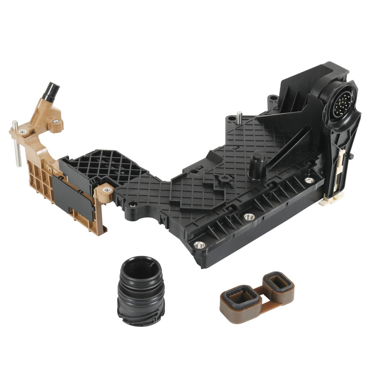 TCM transmission lead frame with black plastic body and tan electrical connector