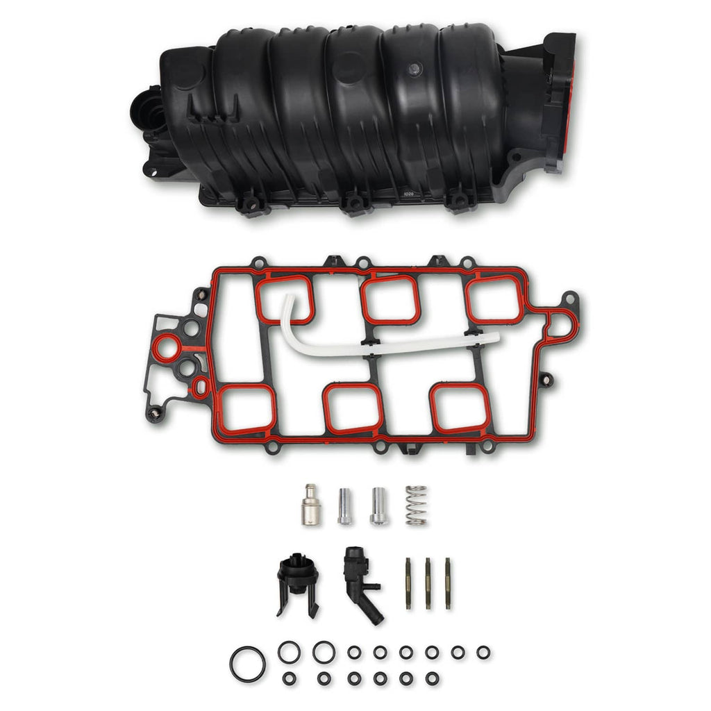 Black upper intake manifold with gasket diagram; included bolts, clips, springs