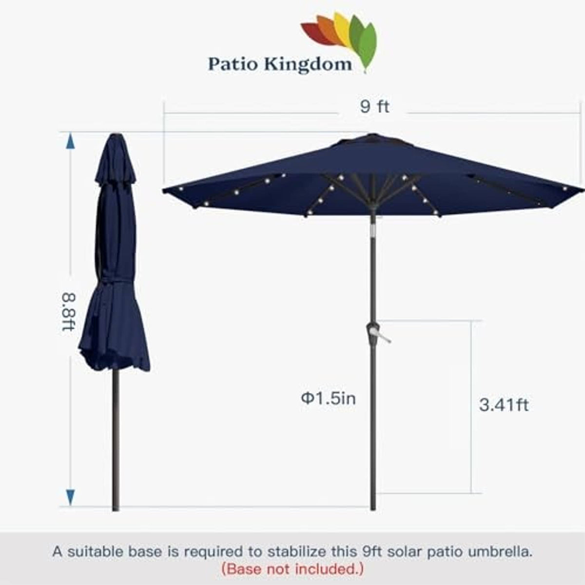 Navy 9 ft solar LED patio umbrella with cross base and warm light accents