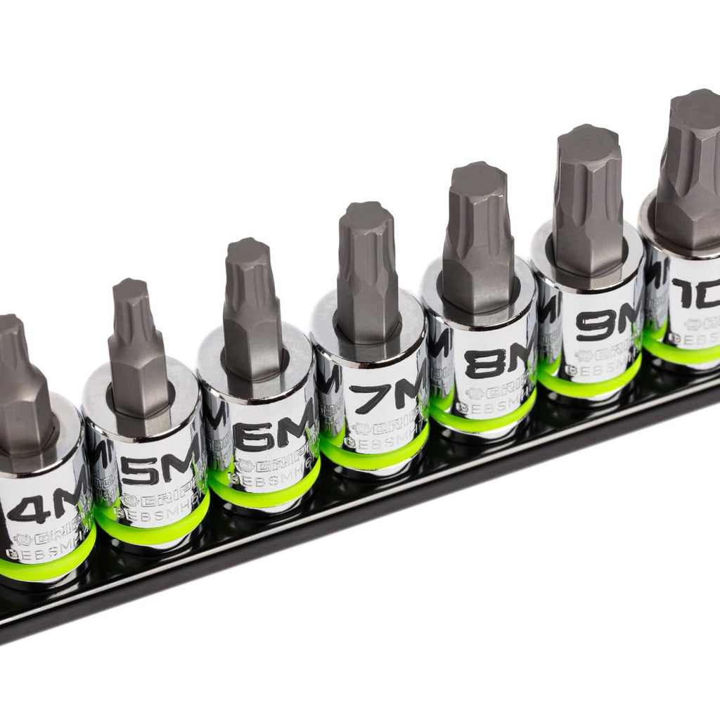 Hex bit socket set with multiple hex tips, stamped markings, and green rings on rail