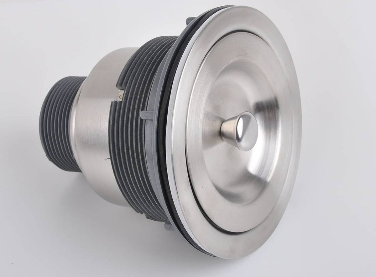 Stainless sink drain strainer assembly with large round cover and dark gasket ring