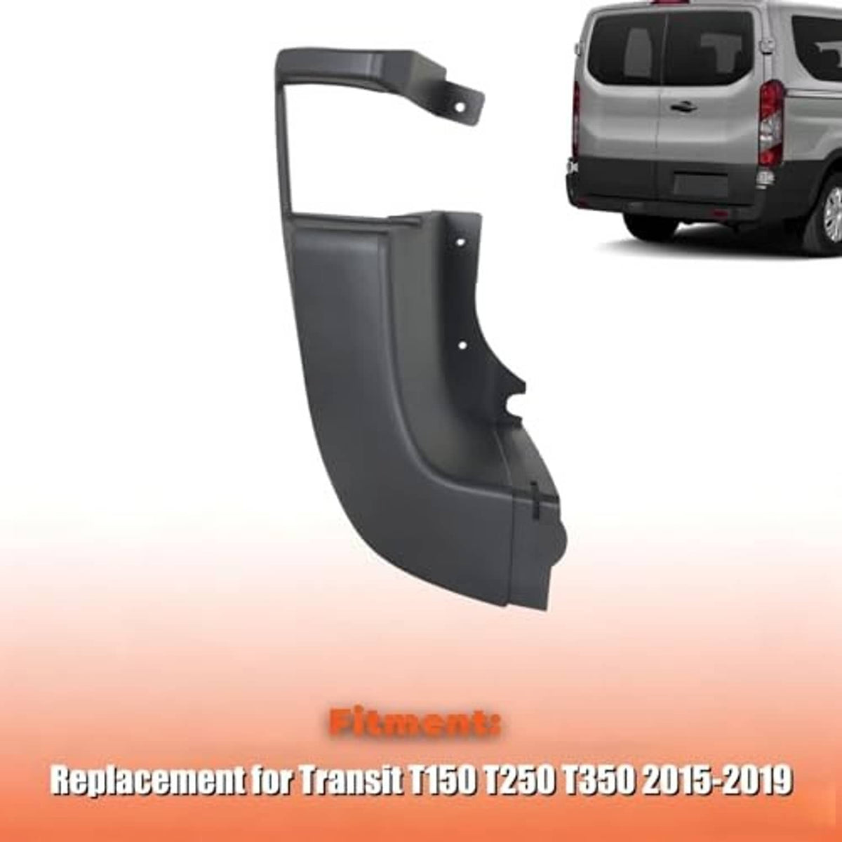 Rear left bumper side end cap cover, dark gray curved plastic panel with molded details