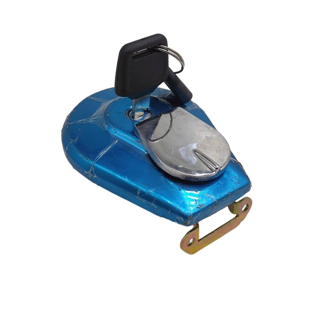 Blue motorcycle fuel tank cap with attached keys on keyring