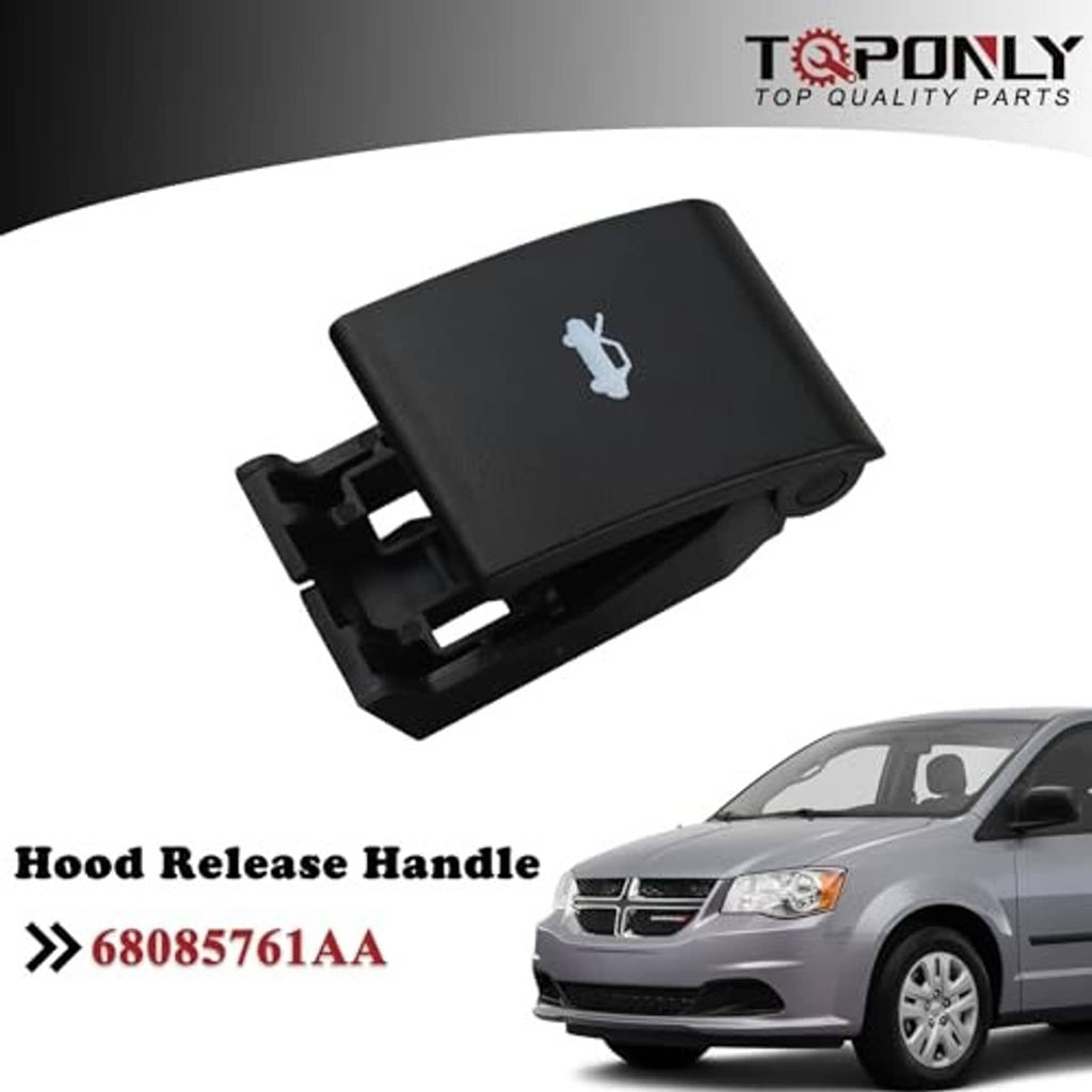 Black hood release handle with white car icon, overview angle