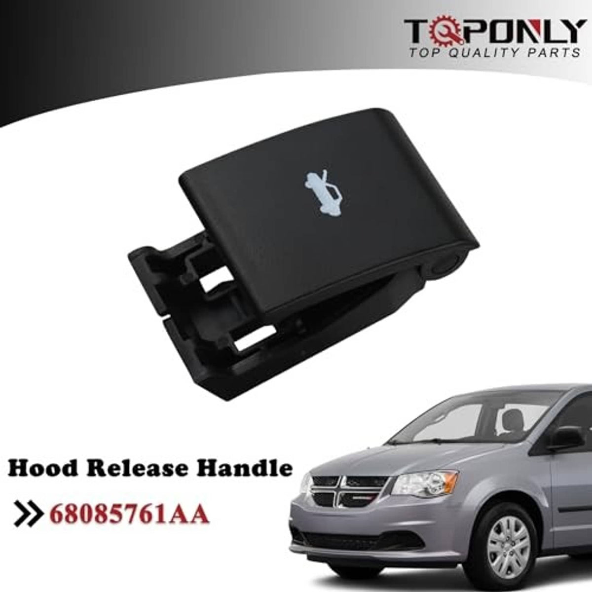Black hood release handle with white car icon, overview angle