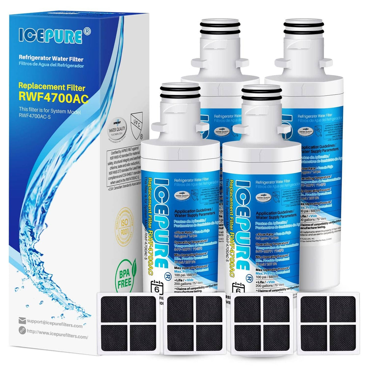 Refrigerator water filter cartridges set, white with blue label and four black media pads