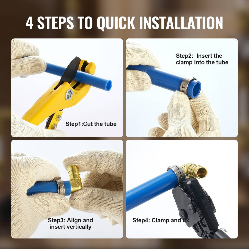 Brass clamp-style elbow fitting and clamp tool for 1/2 in tube