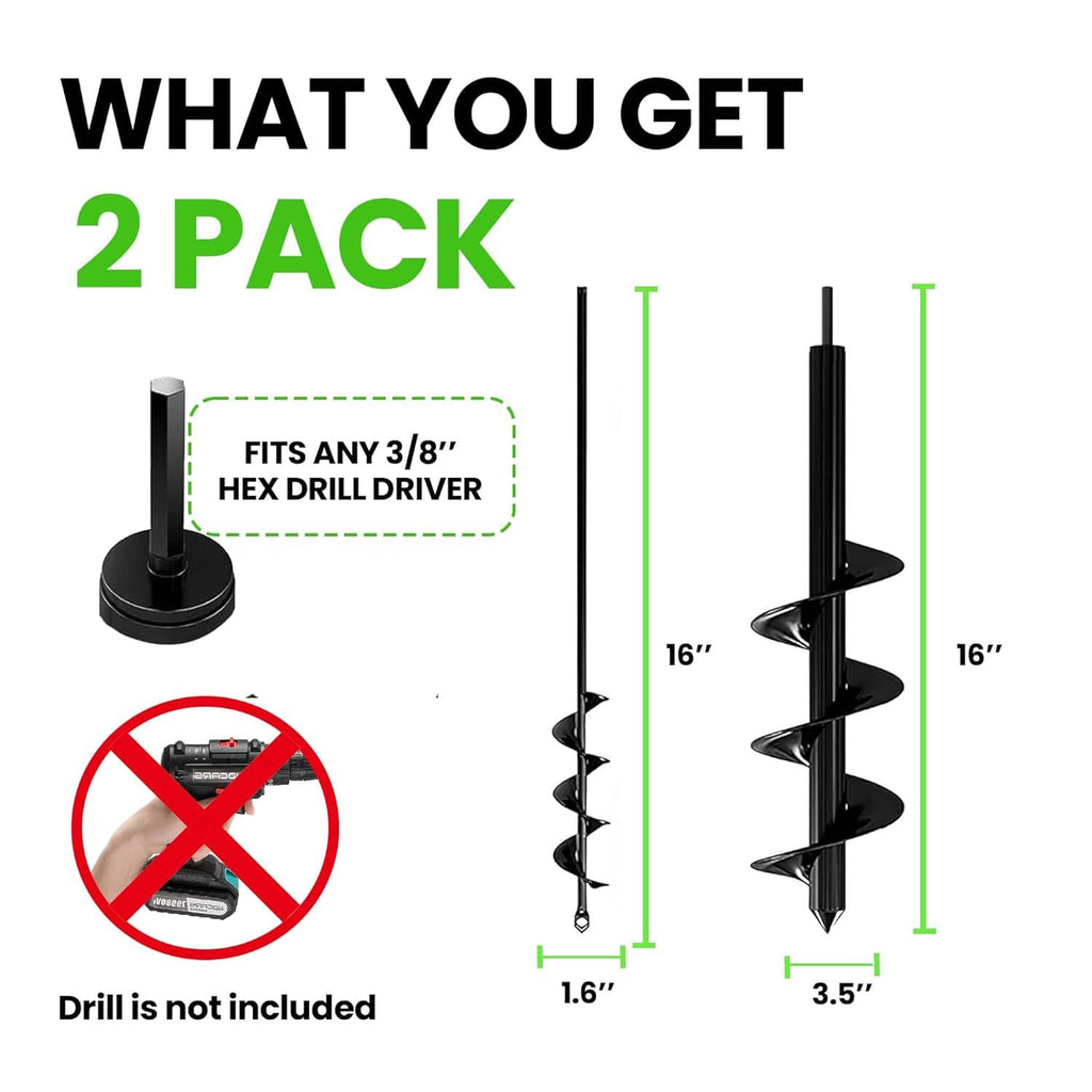 Two-pack auger drill bit lengths shown with 1.6 in and 3.5 in markings