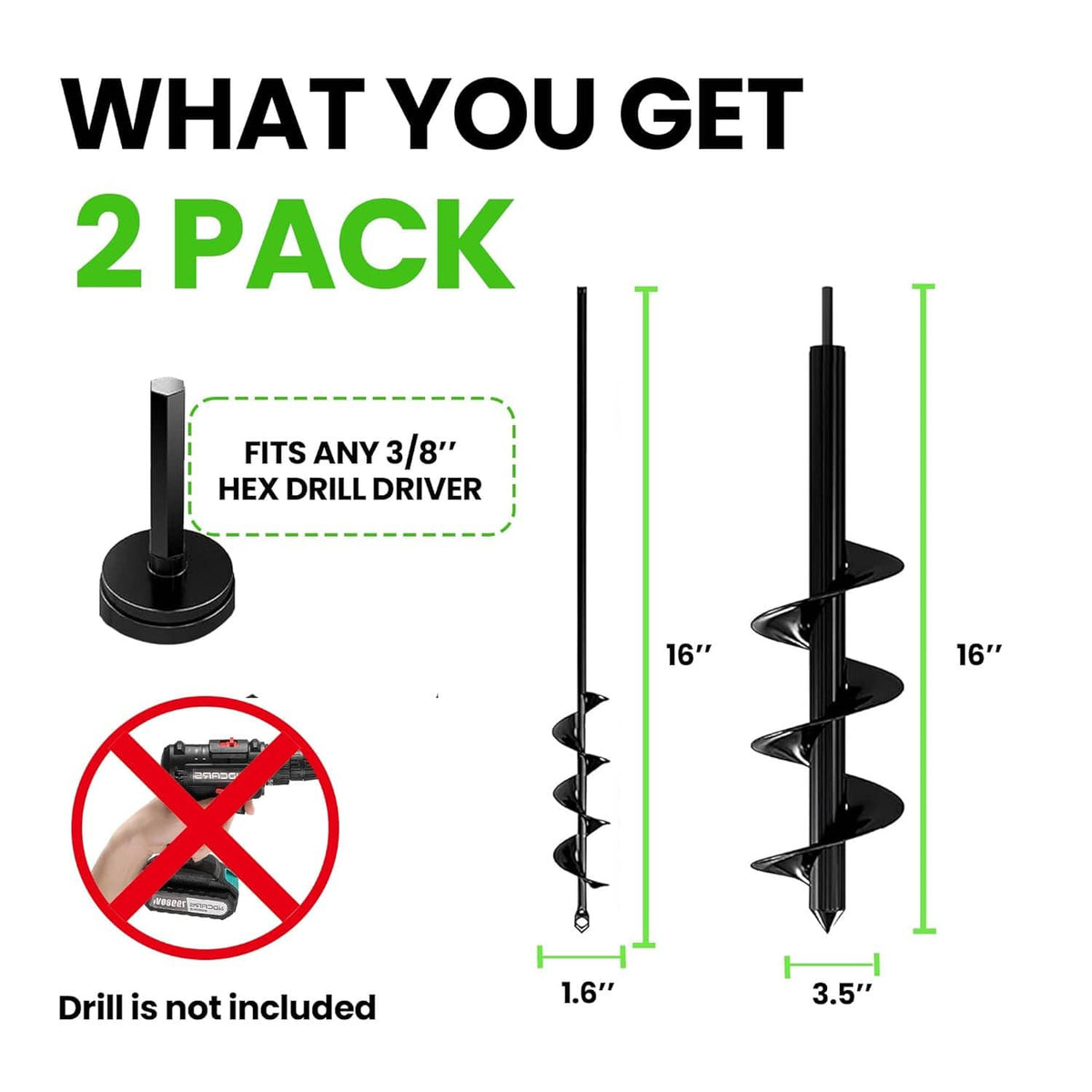 Two-pack auger drill bit lengths shown with 1.6 in and 3.5 in markings