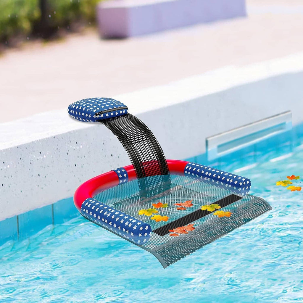 Star-spangled pool escape ramp with black mesh tray and red frame near pool wall