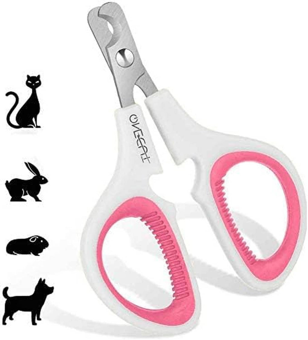 Pet nail clippers with white handles and pink finger loops, curved stainless blades