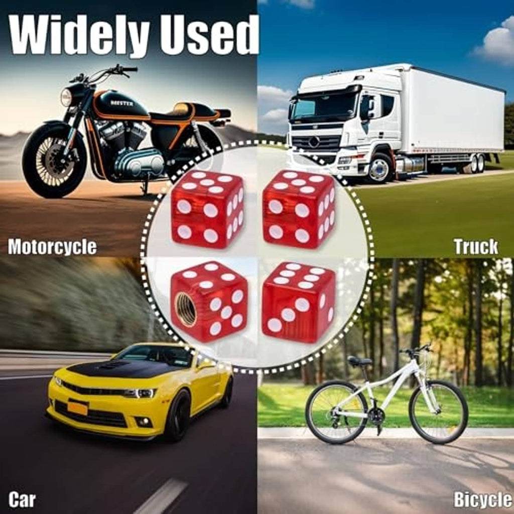 Red dice-shaped tire valve stem caps shown for cars, trucks, motorcycles, and bicycles