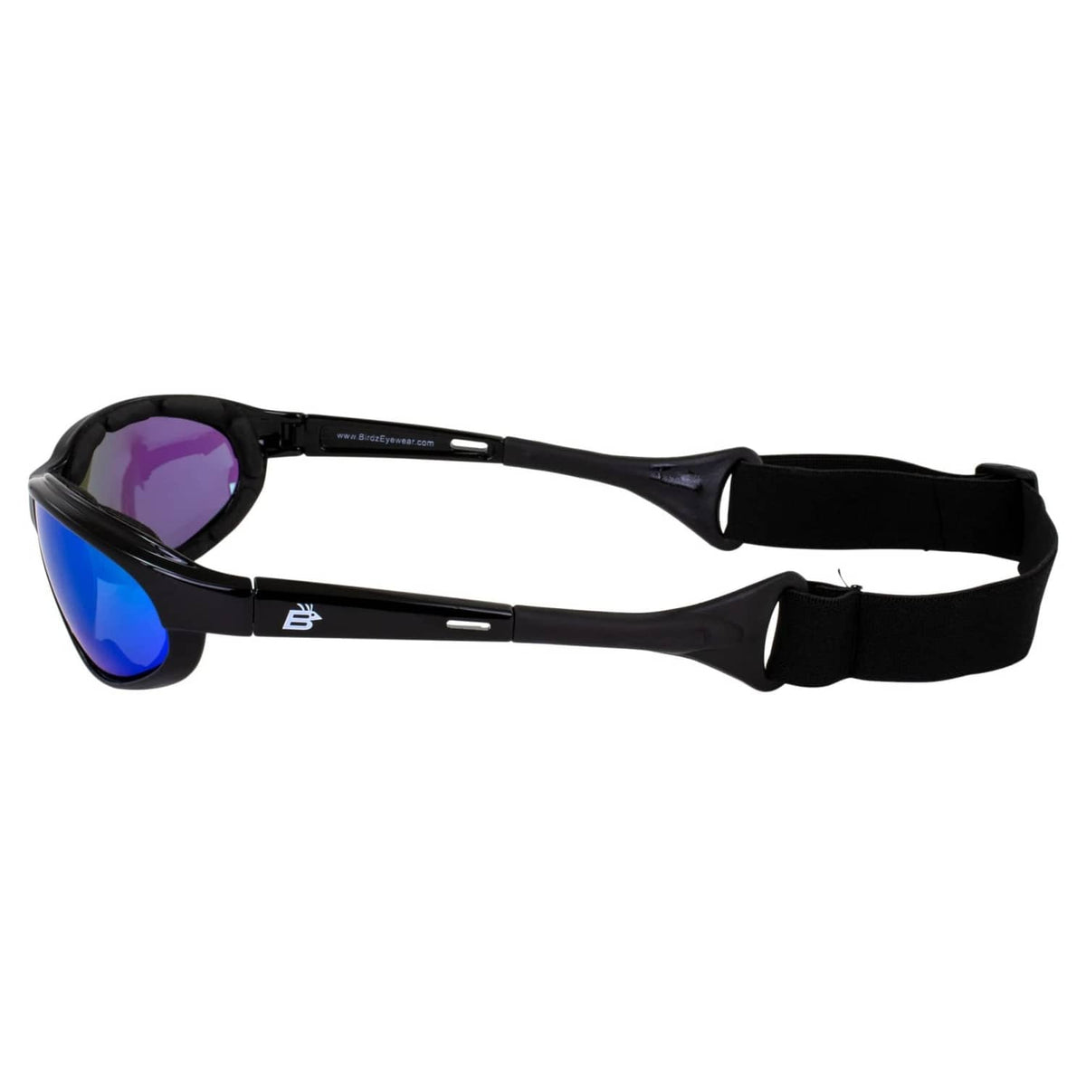 Black sports sunglasses with side shield lens and adjustable strap