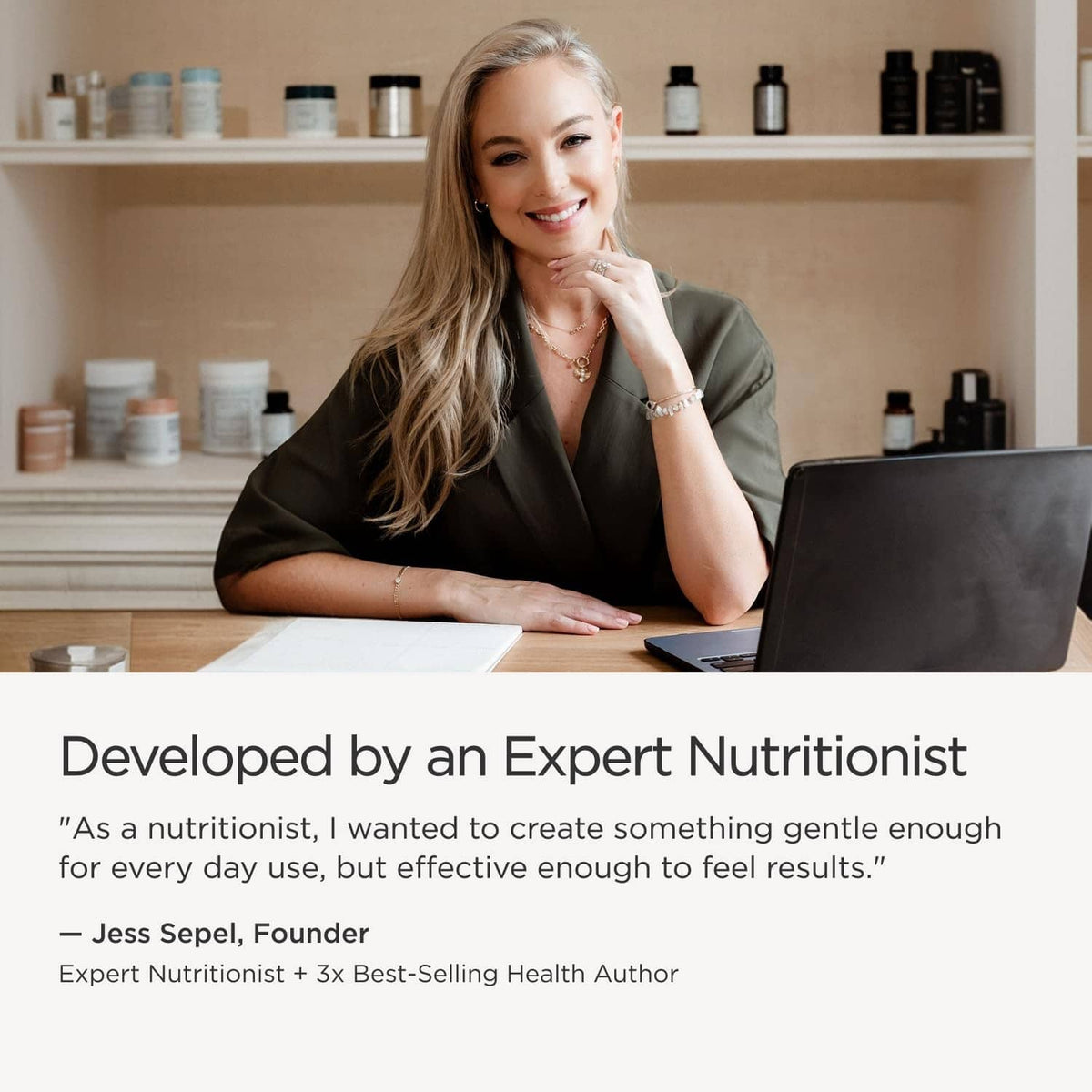 Developed by an expert nutritionist message with smiling woman at desk