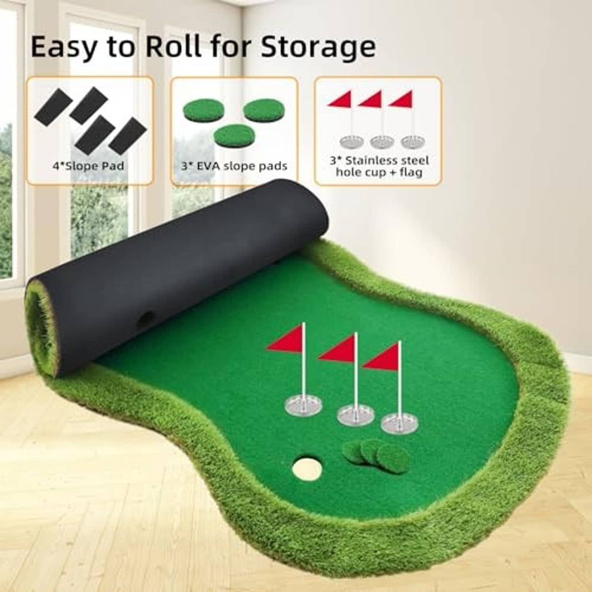 Rolled golf putting green mat and unrolled practice area with three holes and flags
