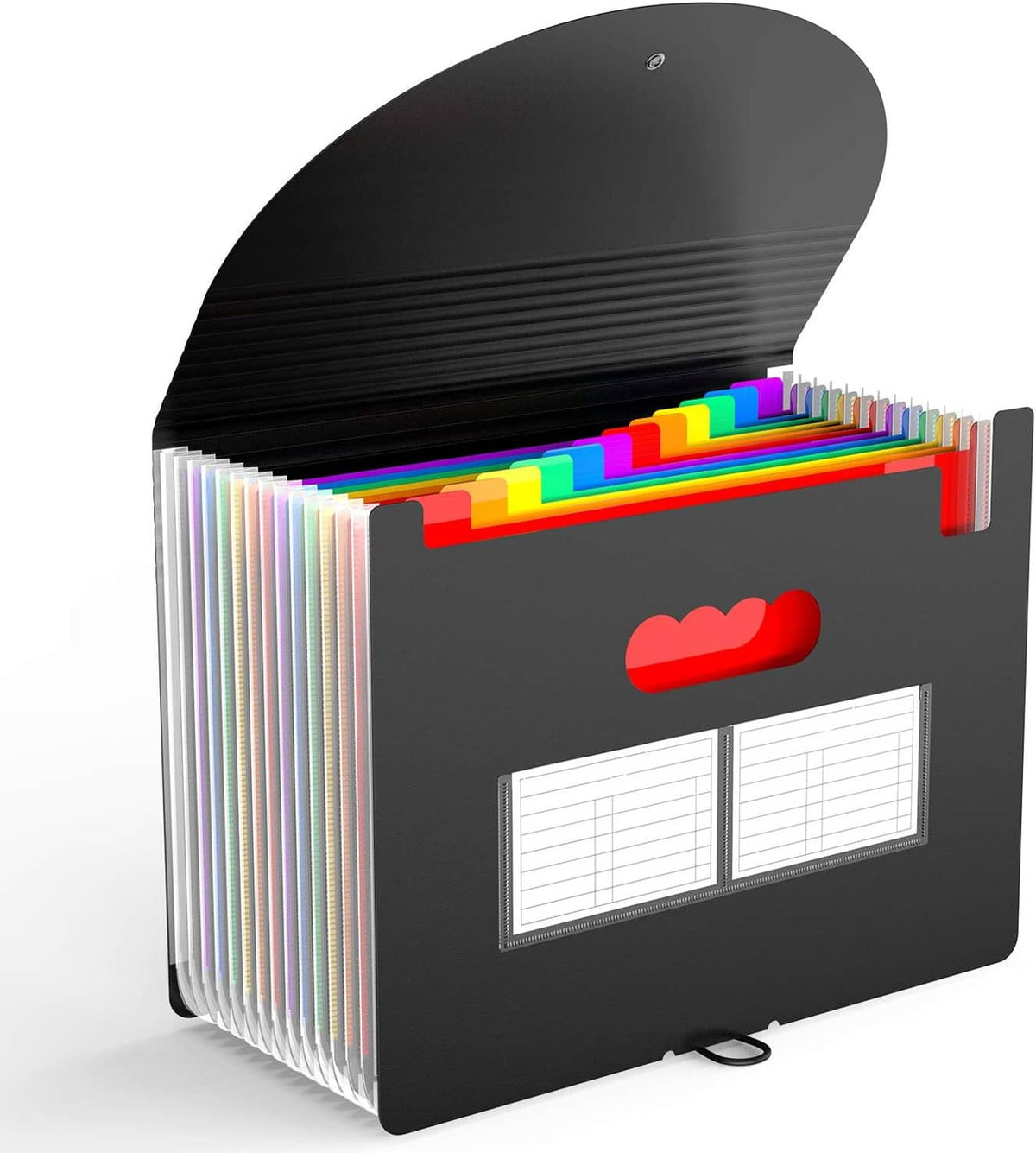 Black accordion file folder with two label windows, colorful tabs, heart icon