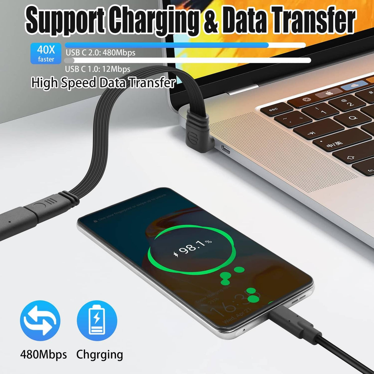Black USB-C extension cable connecting a smartphone to a laptop