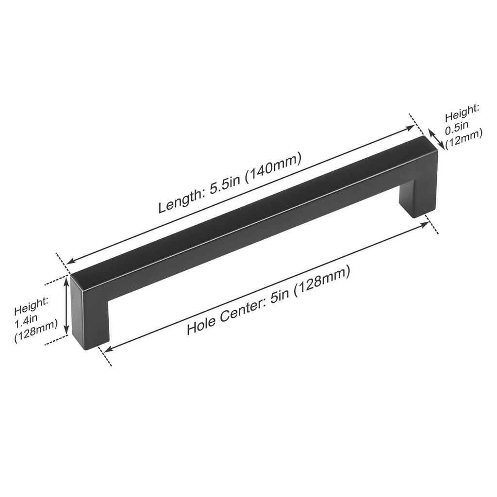 Matte black square cabinet pull handle, 5.5 in length with 5 in hole center