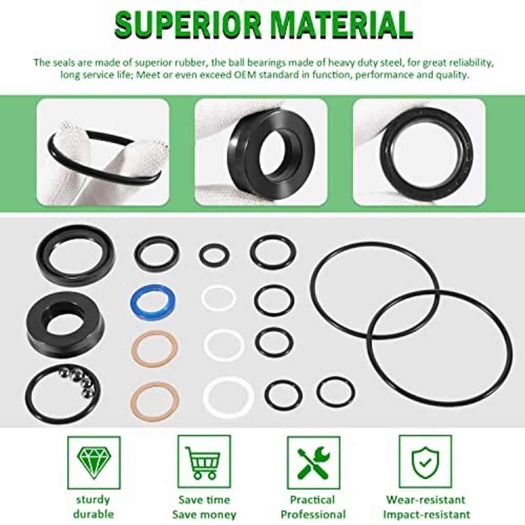 Seal kit components: black and white O-rings, rubber seals, and blue ring