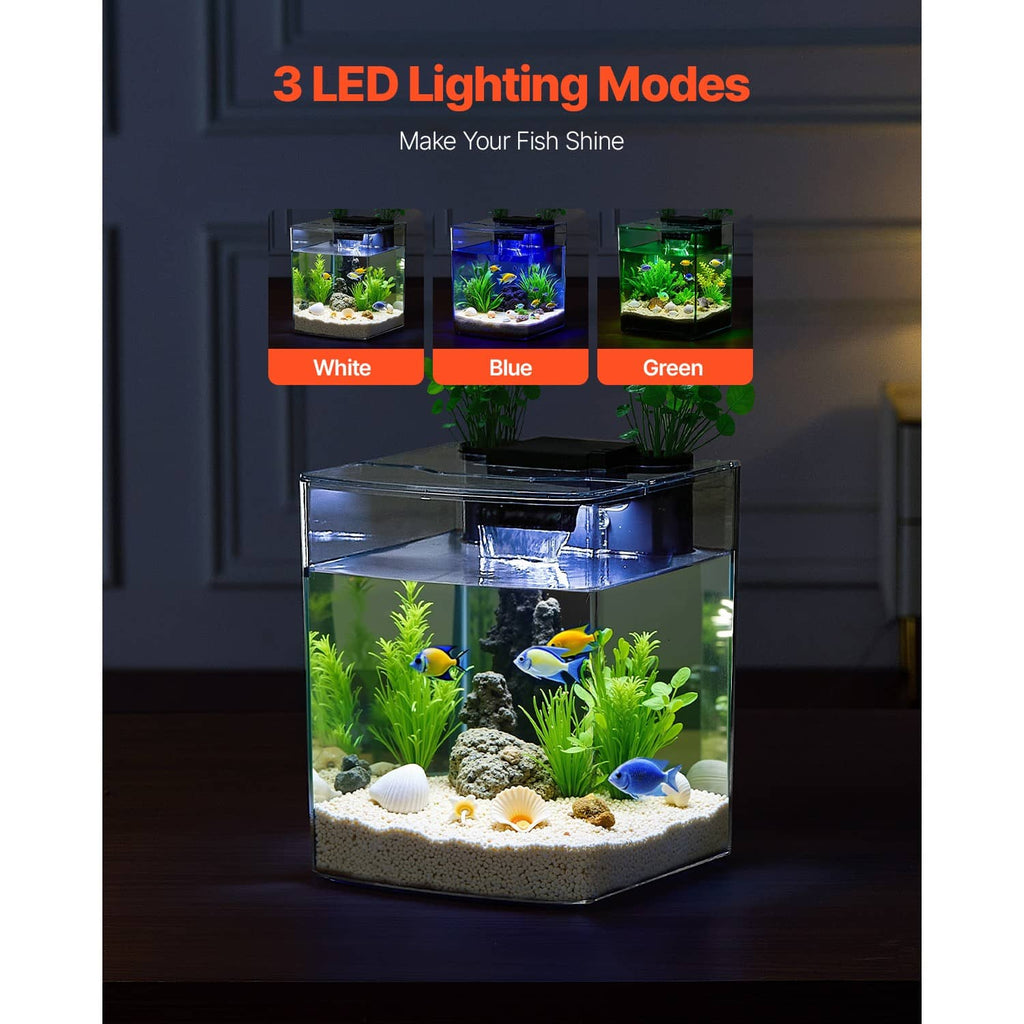 Small plastic aquarium tank with LED lighting and planted gravel base, fish inside