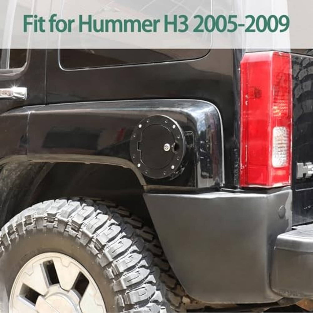 Black locking fuel filler door cover installed on truck rear quarter panel