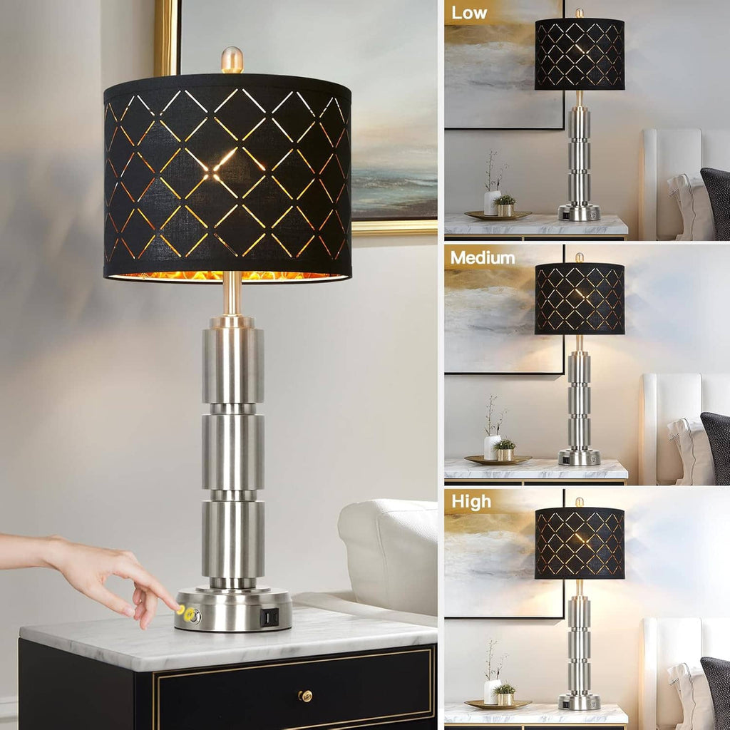 Table lamp height levels shown: low to high, with black diamond-pattern shade and metal base