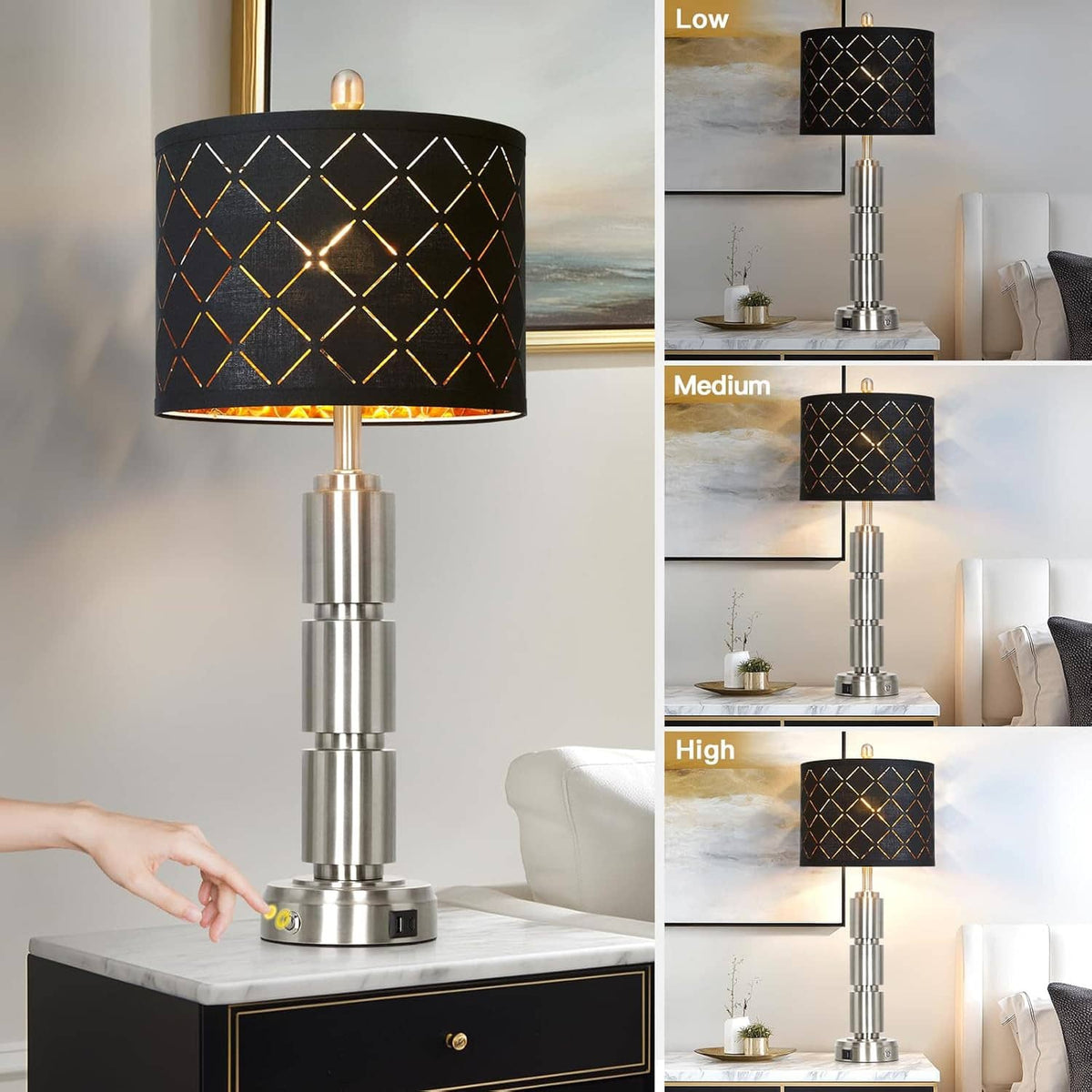 Table lamp height levels shown: low to high, with black diamond-pattern shade and metal base