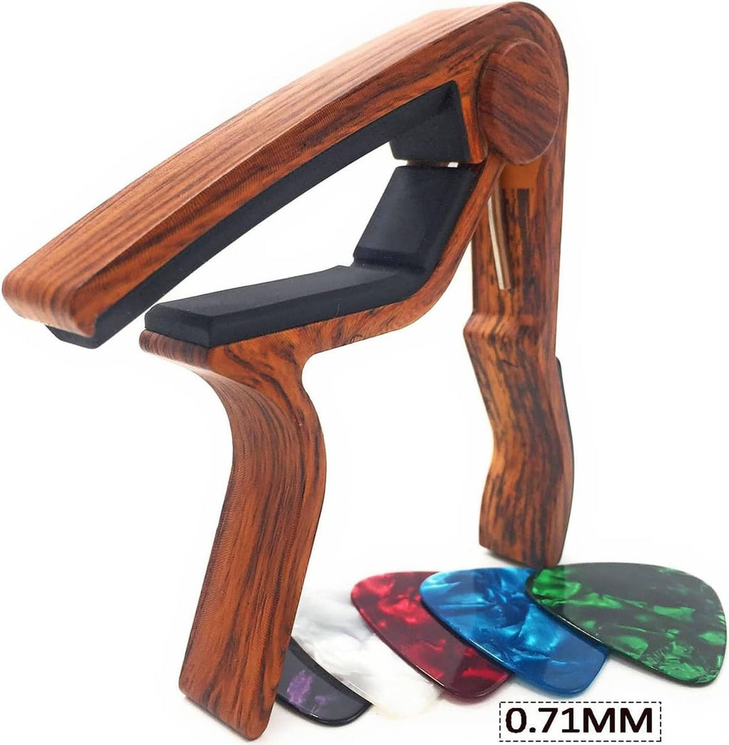 Rosewood woodgrain guitar capo, spring clamp with black contact pads