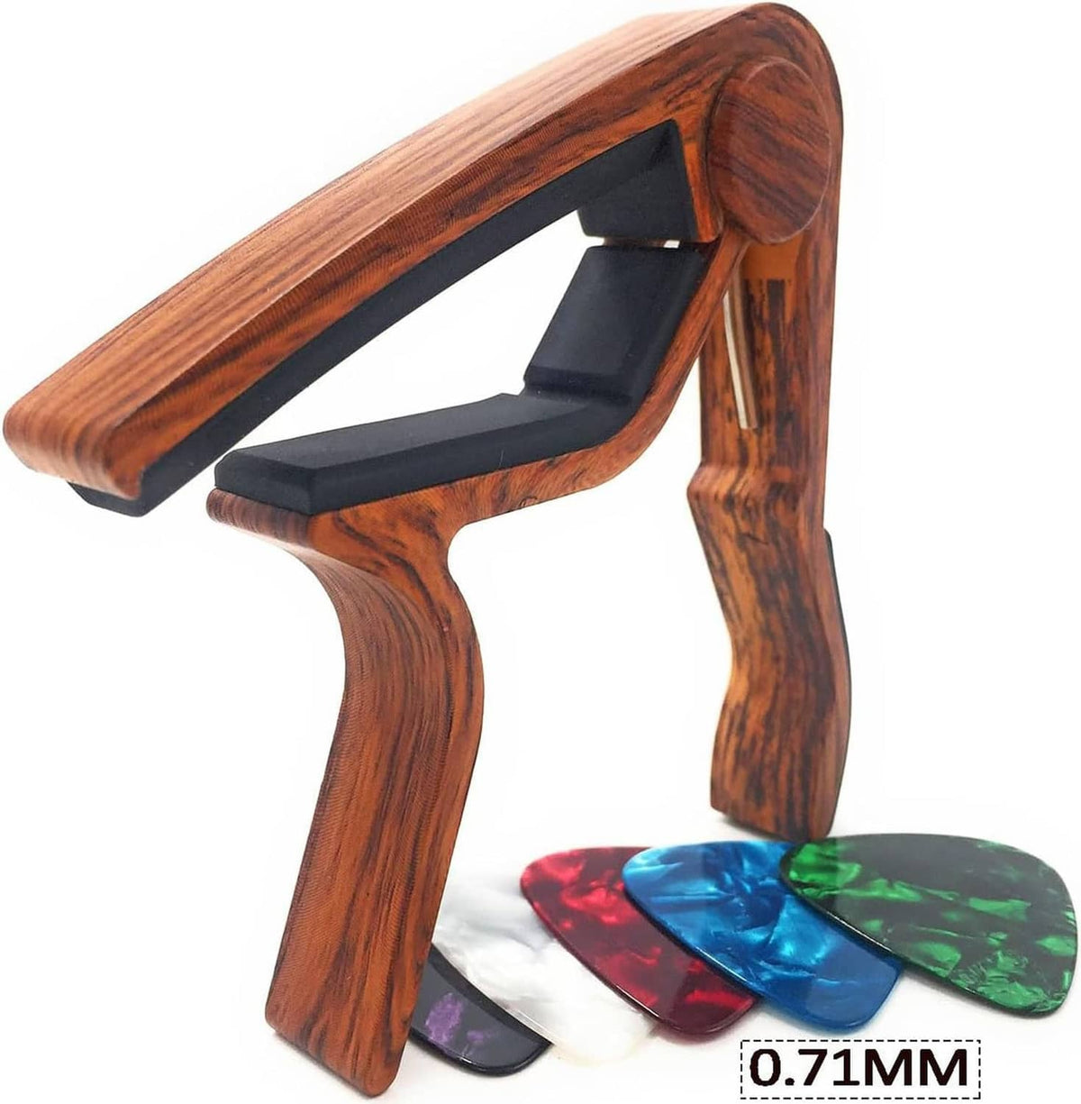 Rosewood woodgrain guitar capo, spring clamp with black contact pads