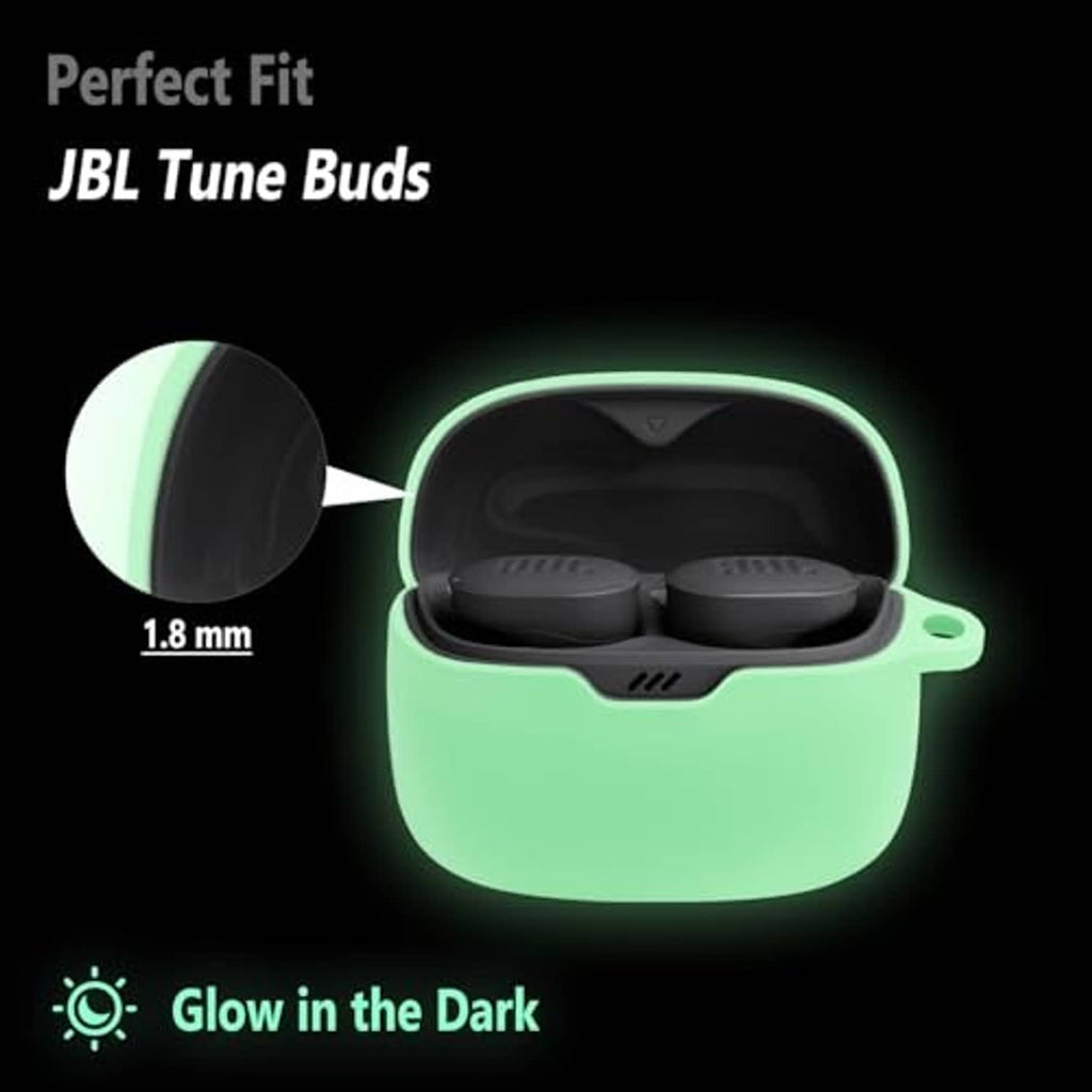 Luminous green silicone earbud case holding two earbuds inside