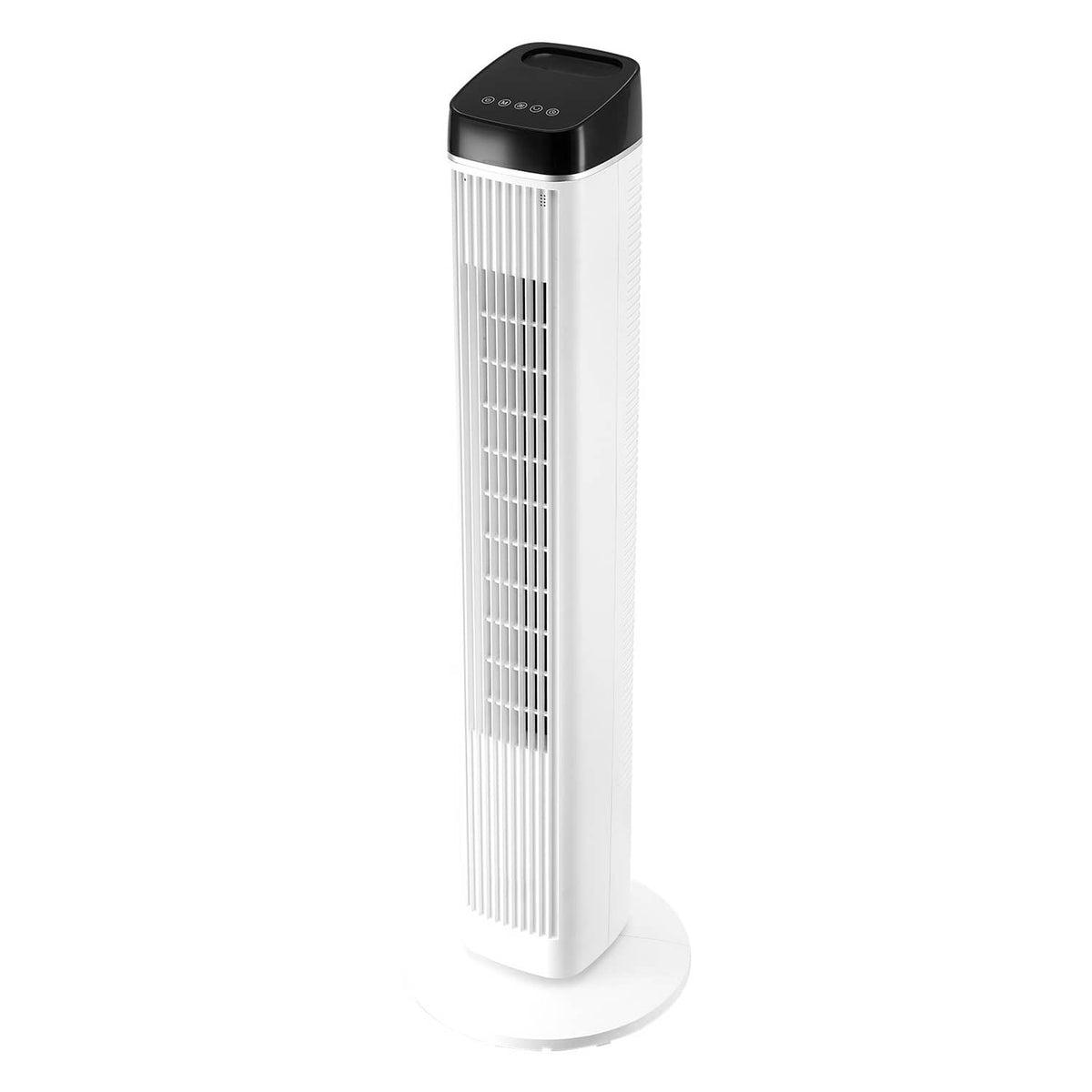 White tower fan with black control top, slim vertical grille, and standing base