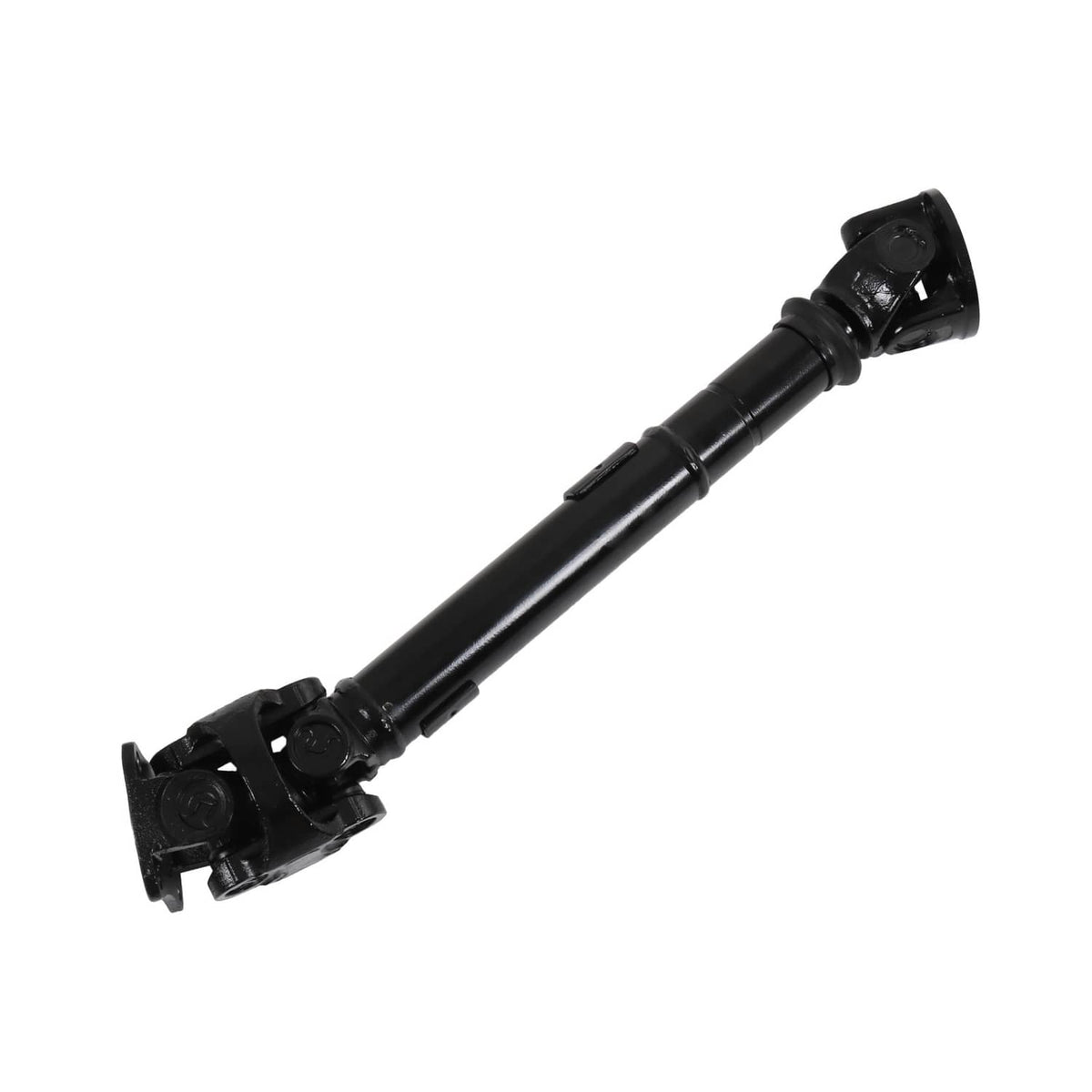 Black front drive shaft with U-joint yokes and joint housings, tilted view.