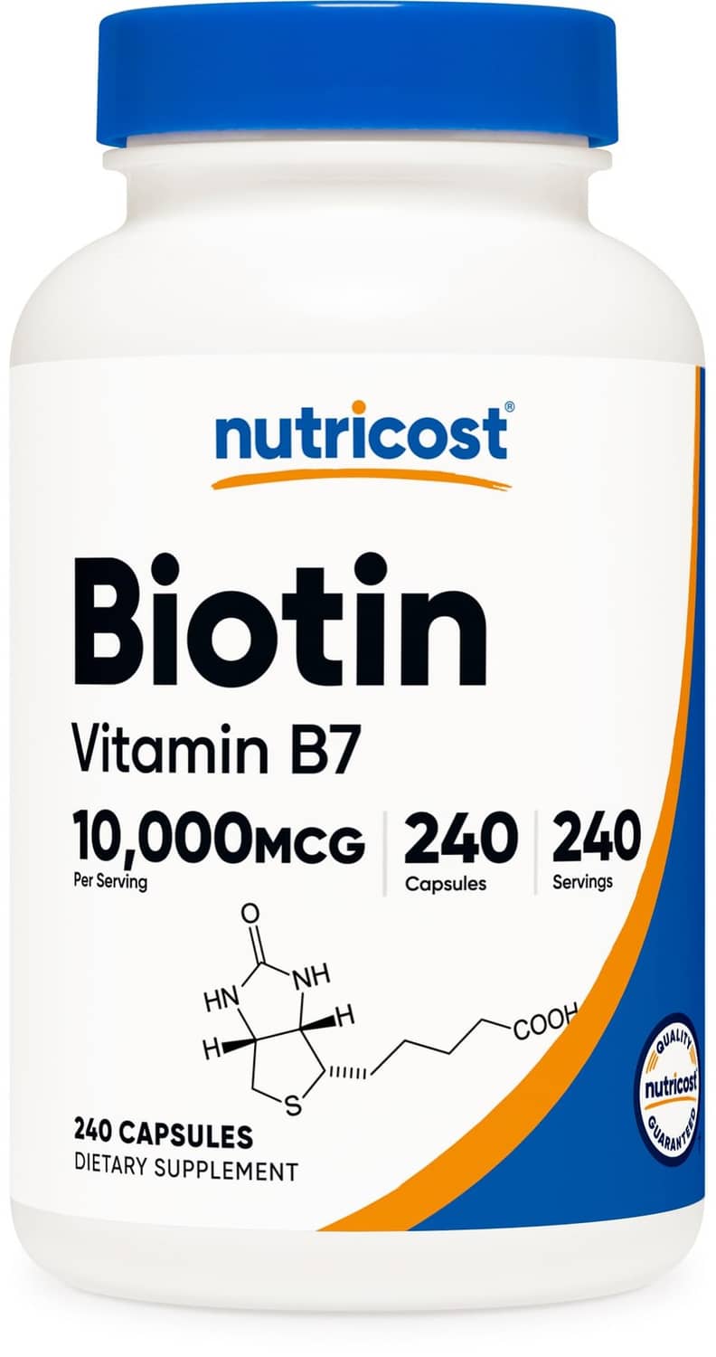 Biotin (Vitamin B7) supplement bottle with blue cap, 10,000 mcg per serving