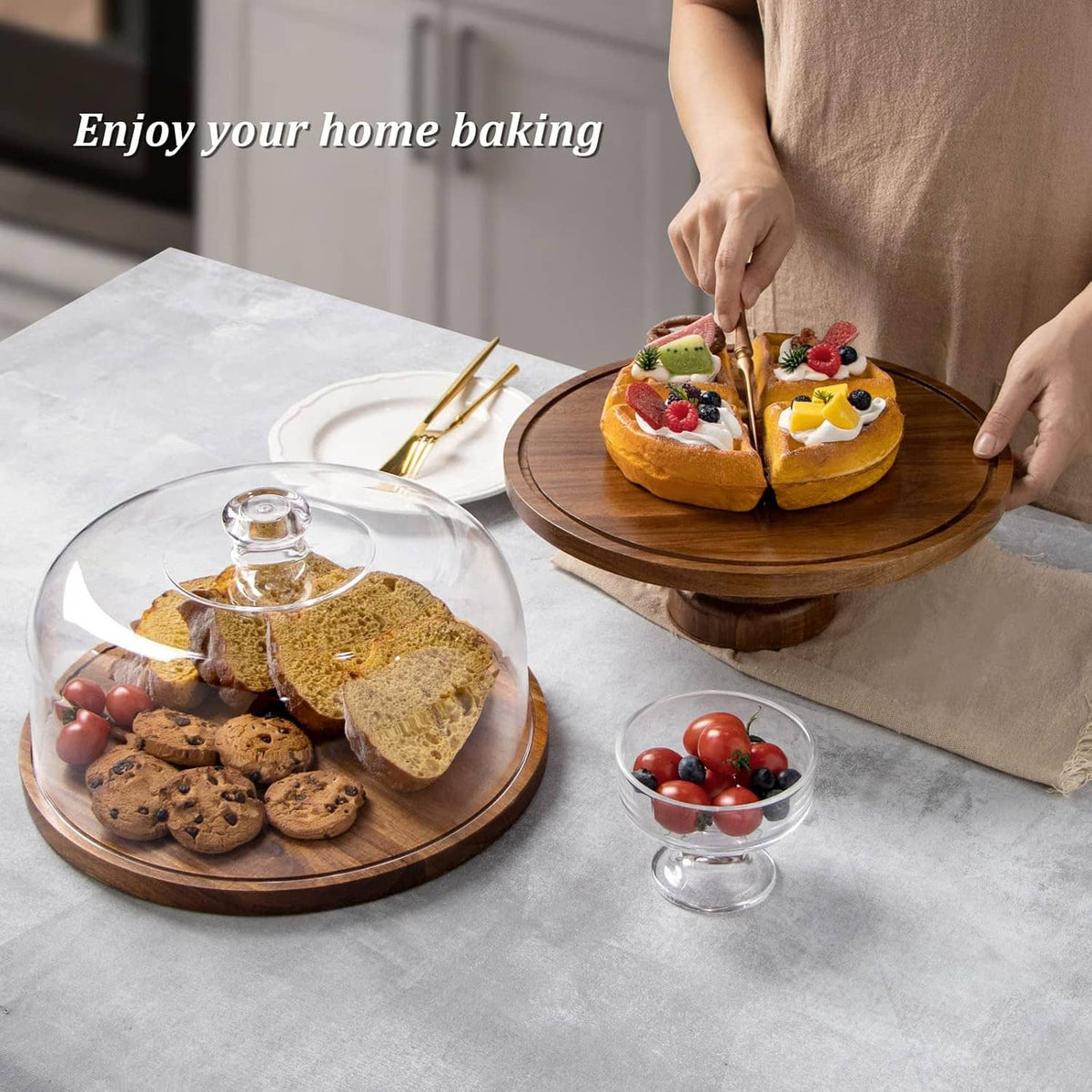 Acacia dessert display with clear dome lid on round wooden tray