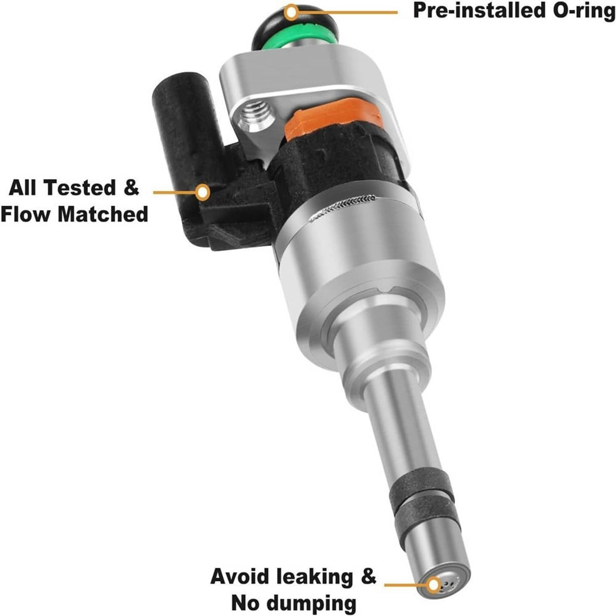 Fuel injector with silver body, black housing, green O-ring, pre-installed seal