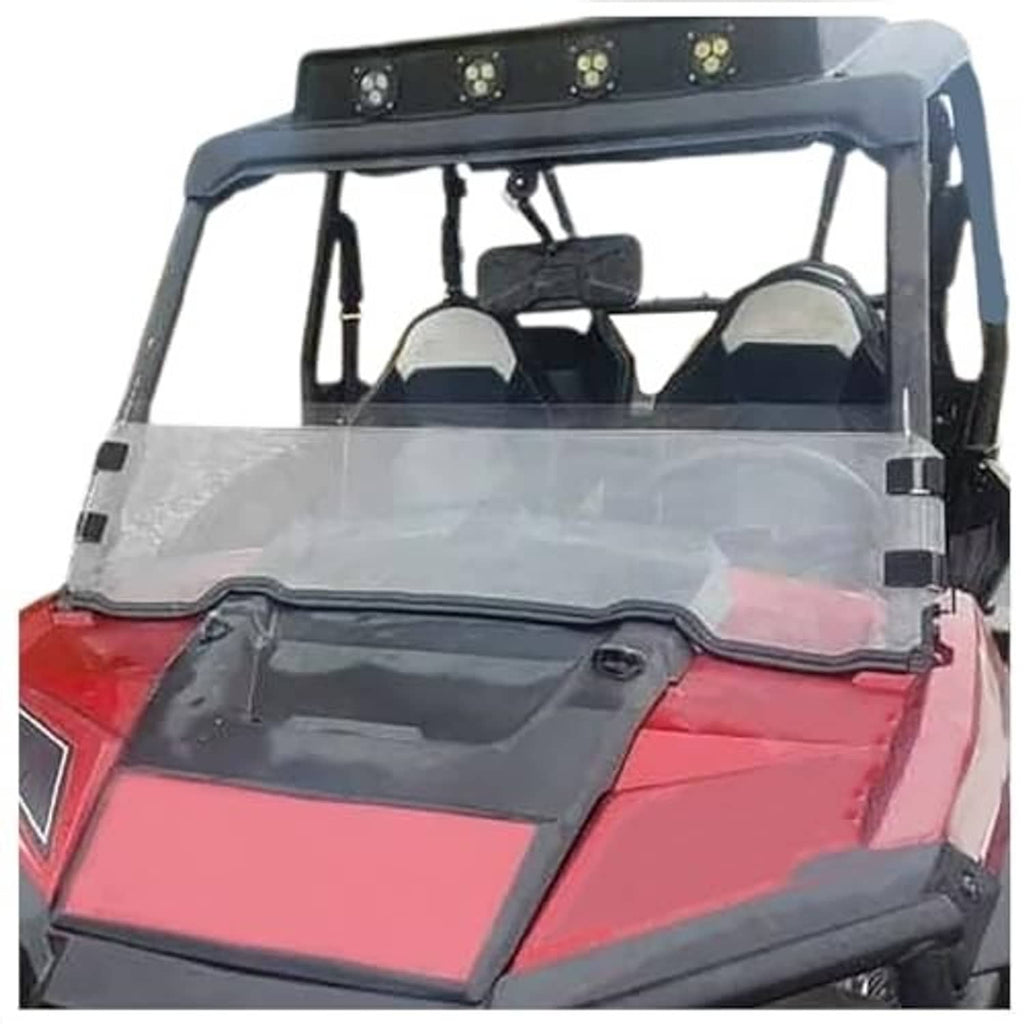 Half windshield with clear panel on red UTV, front view with side mounting posts