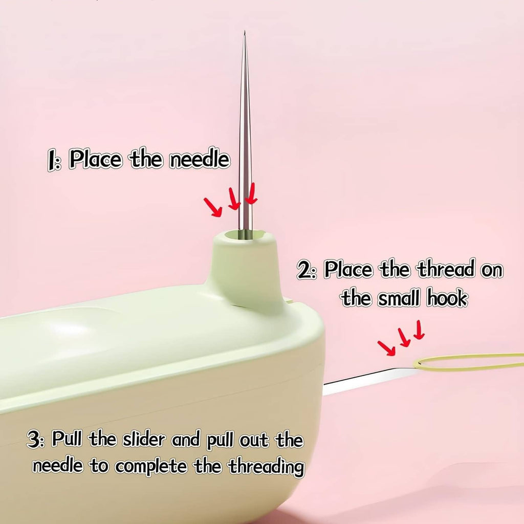 2-in-1 needle threader and seam ripper, cream handheld tool with upright needle and hook