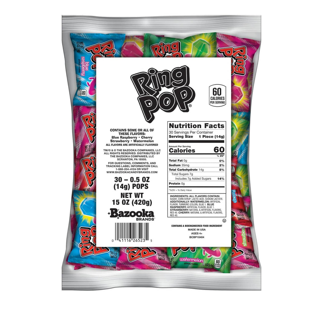 Ring Pop lollipop bag back panel with Nutrition Facts and ingredients