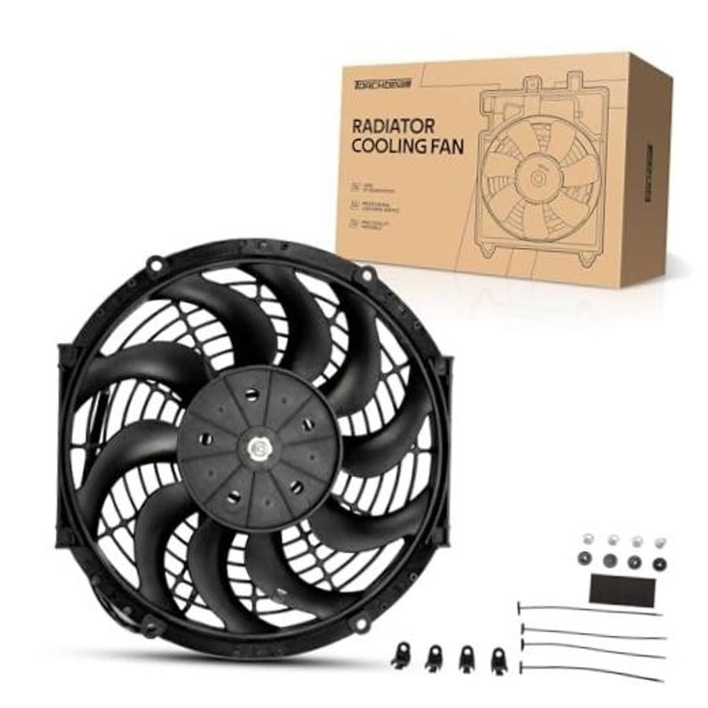 Black 10-inch radiator cooling fan with push-pull dual blades and mounting frame