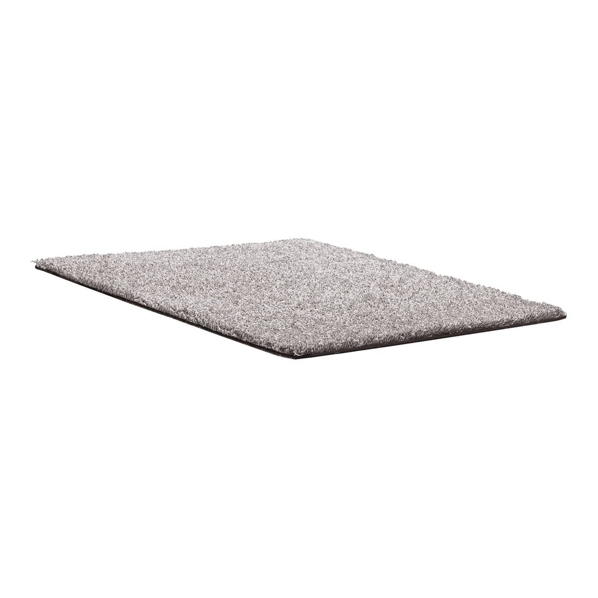 Carpet tile in textured gray, angled corner view with low pile surface.