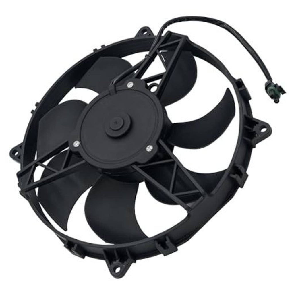 Radiator cooling fan motor assembly with black fan blades and wiring connector