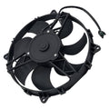 Radiator cooling fan motor assembly with black fan blades and wiring connector